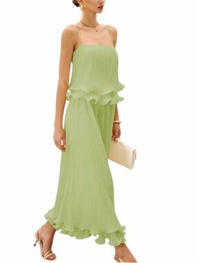 Commense Pistachio Green Pleated Ruffle Cami Midi Skirt Set Medium NWT